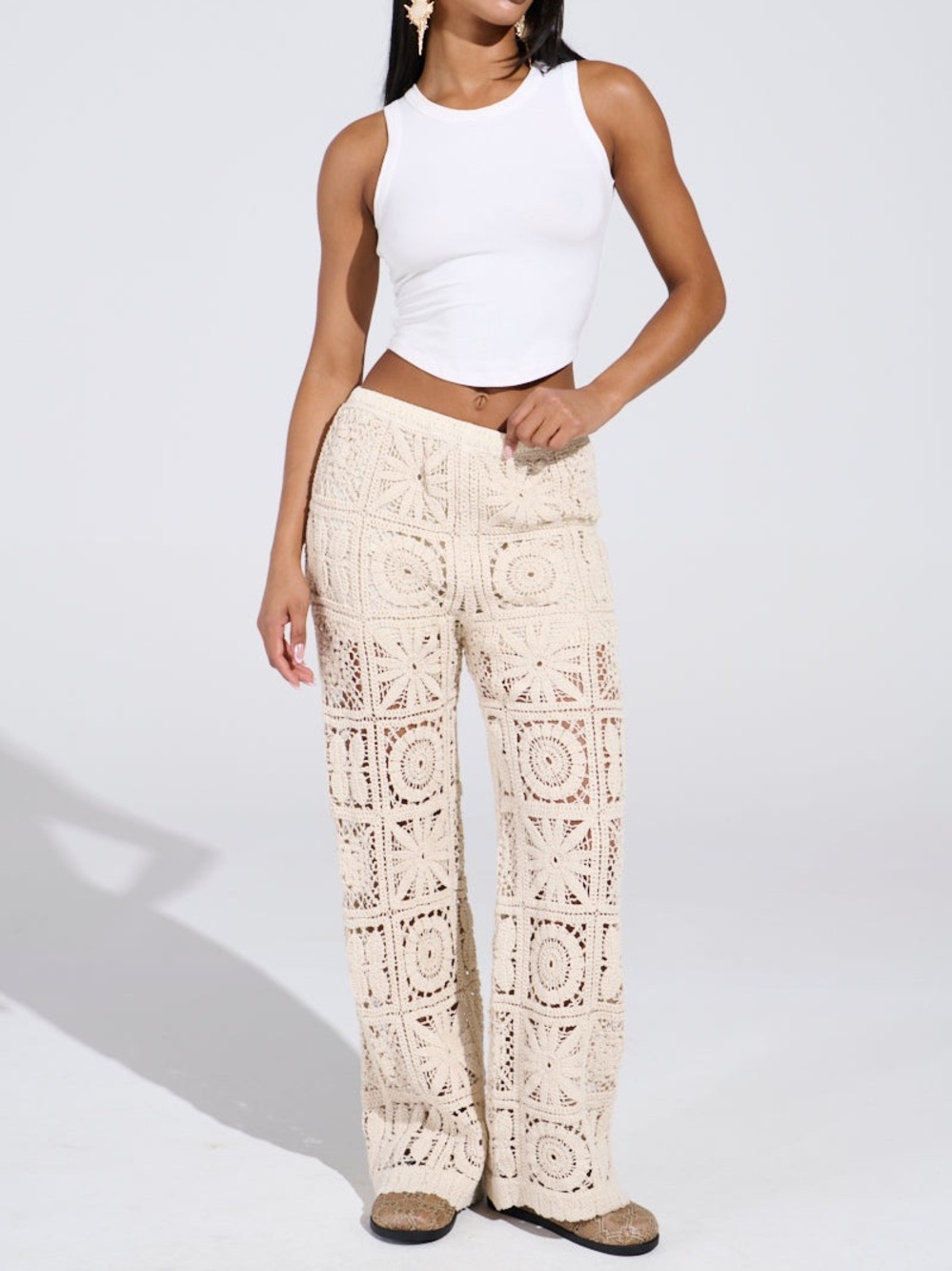 NWOT Akira Crochet Wide-Leg Pants in Cream